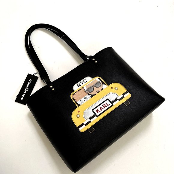NWT $230 Karl Lagerfeld Paris Maybelle NYC Taxi Tote Bag – Black Faux Leather - Picture 3 of 11